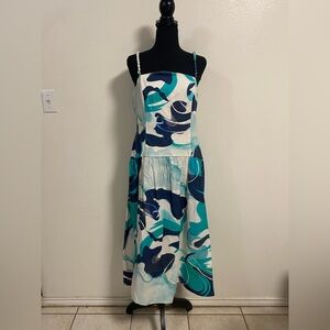 Christian Lacroix Dress Women’s Size Medium Blue Teal White Abstract Midi NWOT